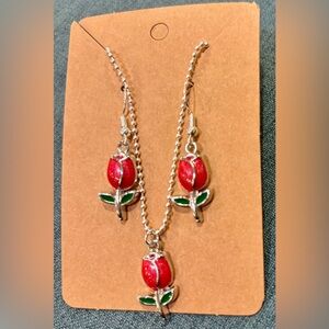 Delicate Red Rose Pendant Necklace & Earring Set - Women Jewelry